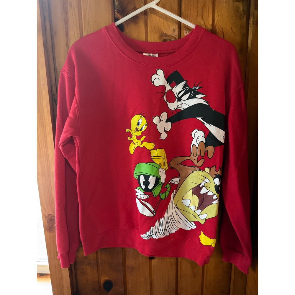 Looney Tunes Crewneck Sweatshirt‎ Cartoon Characters Red Pullover Size Medium